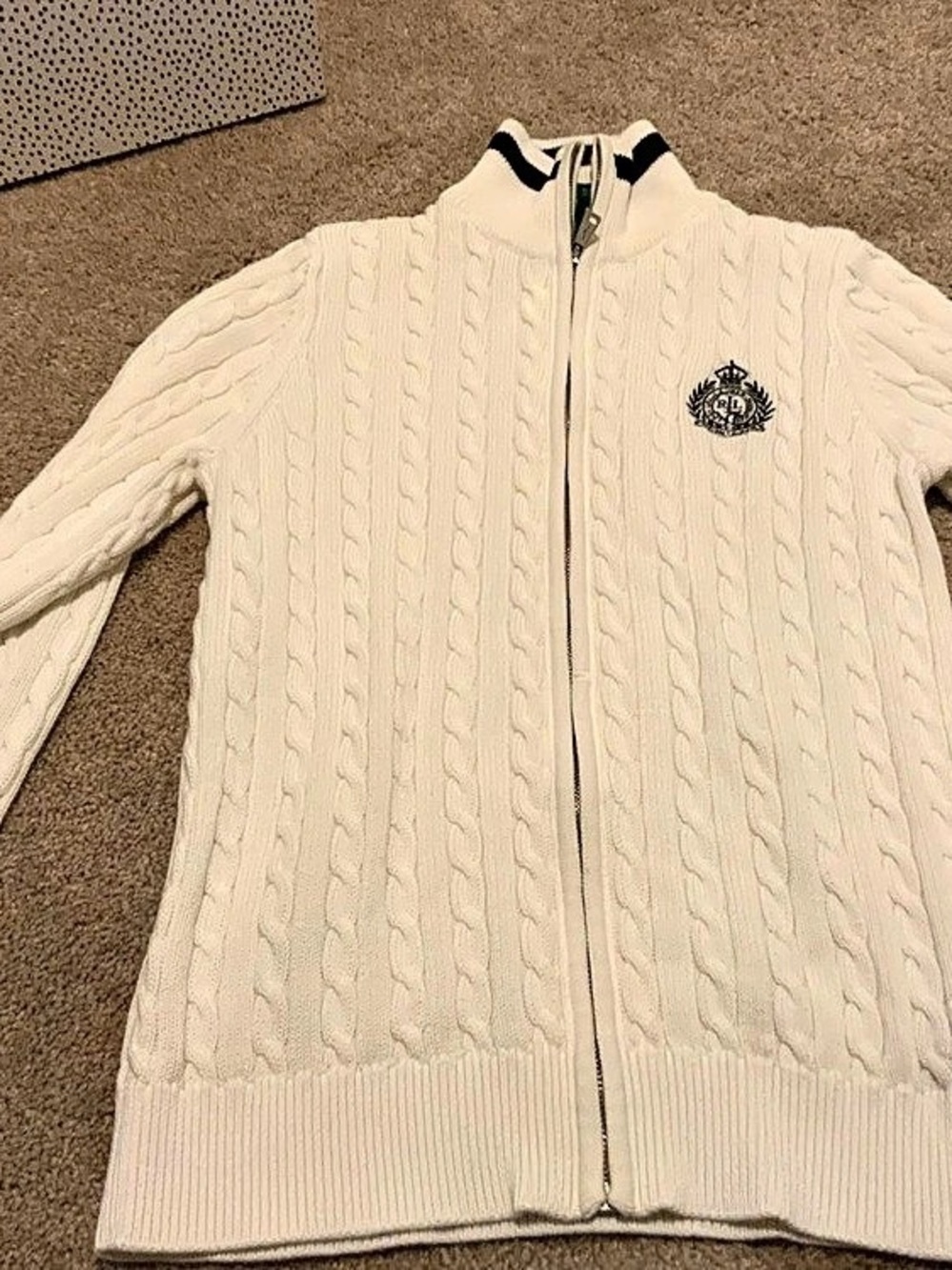 Lauren Ralph Lauren Active Crest Cable Knit Full Zip Sweater White with Navy Acc